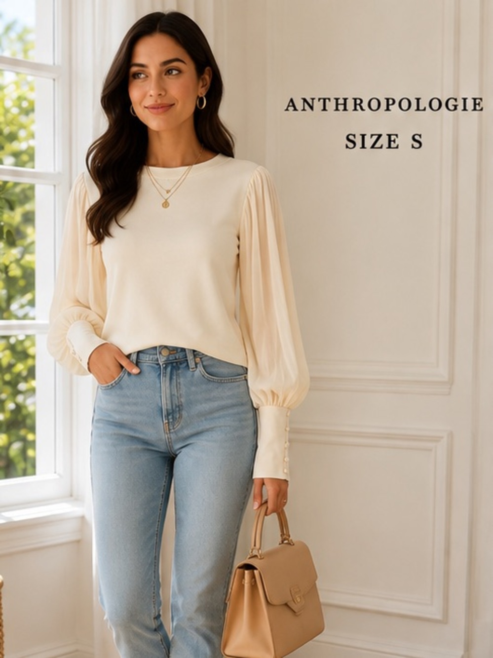 Anthropologie Cream Balloon Sleeve Knit Top Button Cuff Small